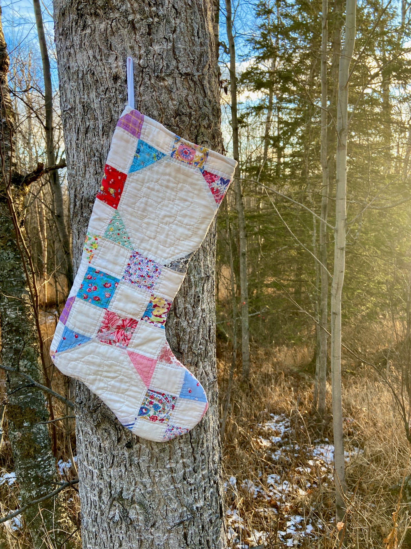 Quilted Christmas Stocking (w/ white flower)