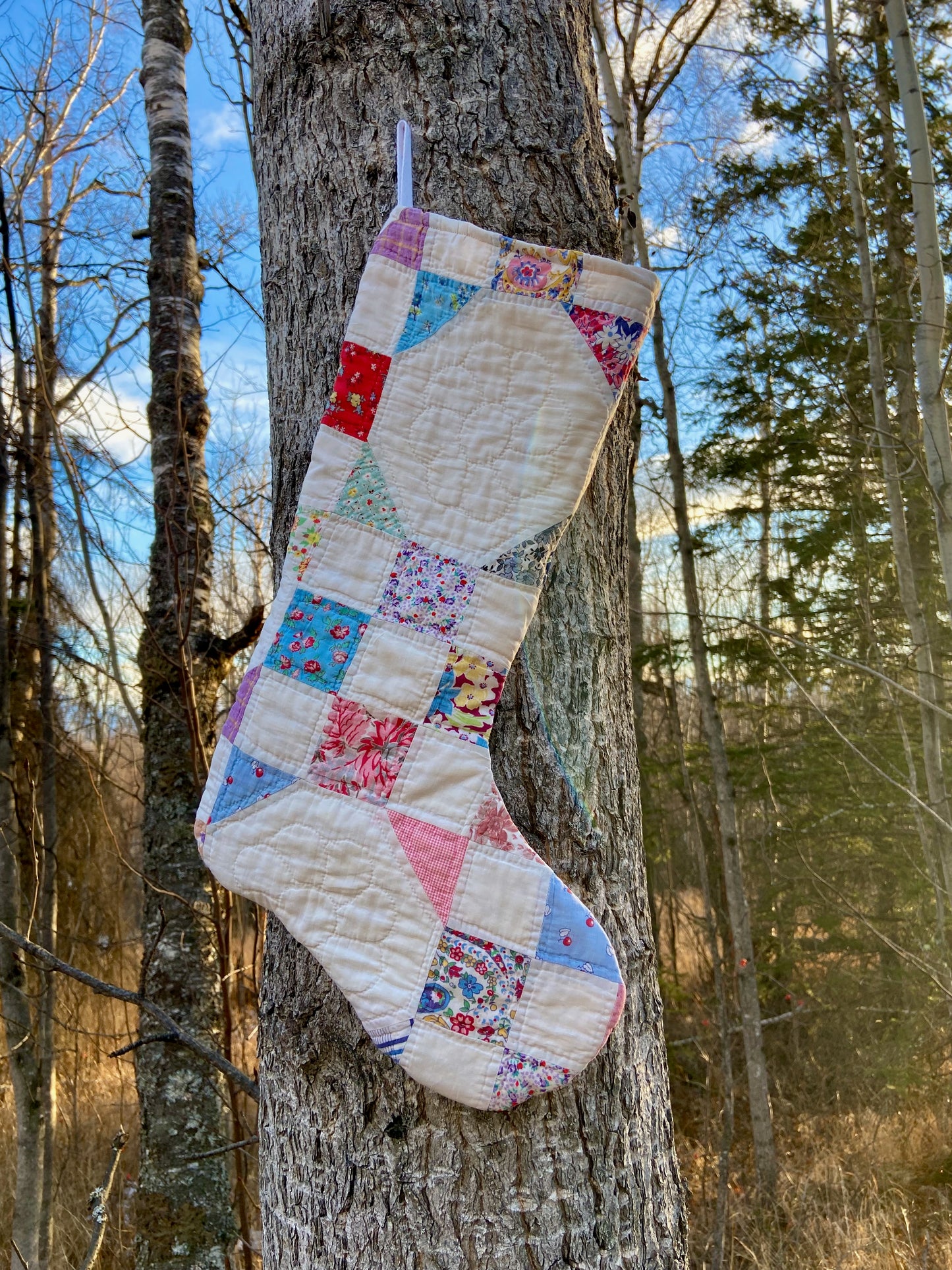 Quilted Christmas Stocking (w/ white flower)